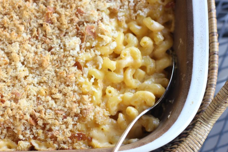 Mac and Cheese with real breadcrumbs in a casserole dish.