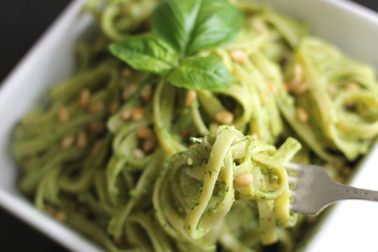 Avocado Pesto Linguine in a bowl.