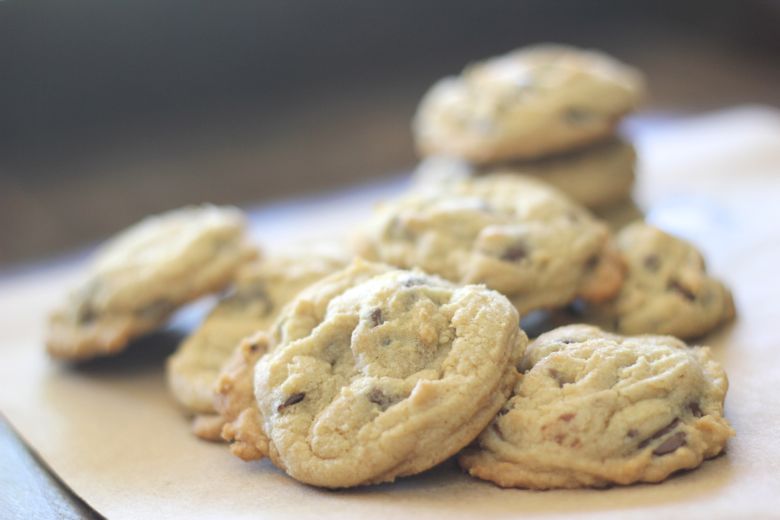 Emilee's Chocolate Chip Cookies stacked in a pile.  