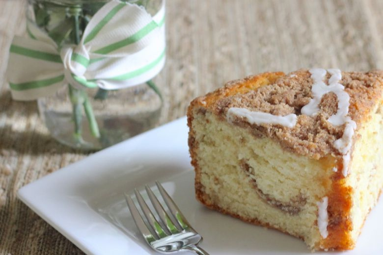 Greek Yogurt Coffee Cake slice on a plate. 