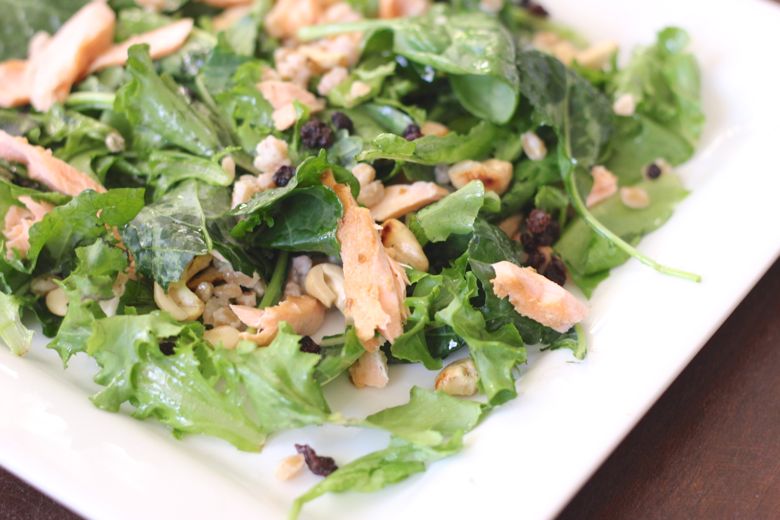 Farro with Cashews and Currants mixed with a Kale and Salmon Salad.