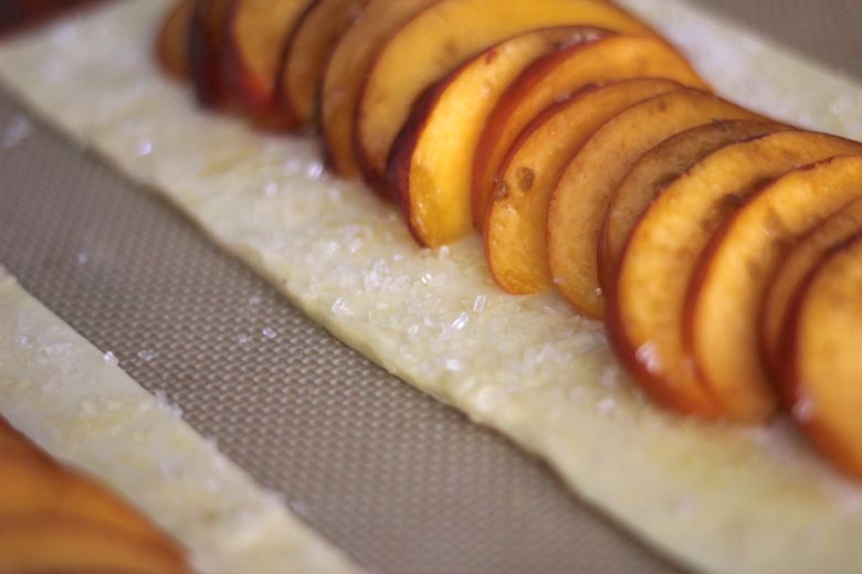 Sparkling sugar on edges of puff pastry.