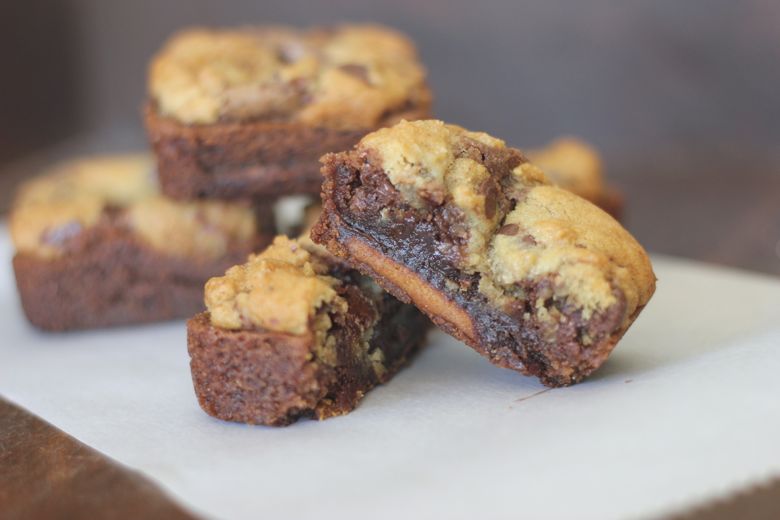 Triple Layer Brownies stacked.  