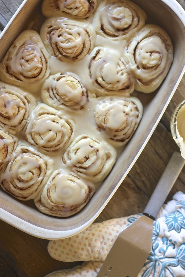 Maple Glazed Cinnamon Rolls in a baking dish.  