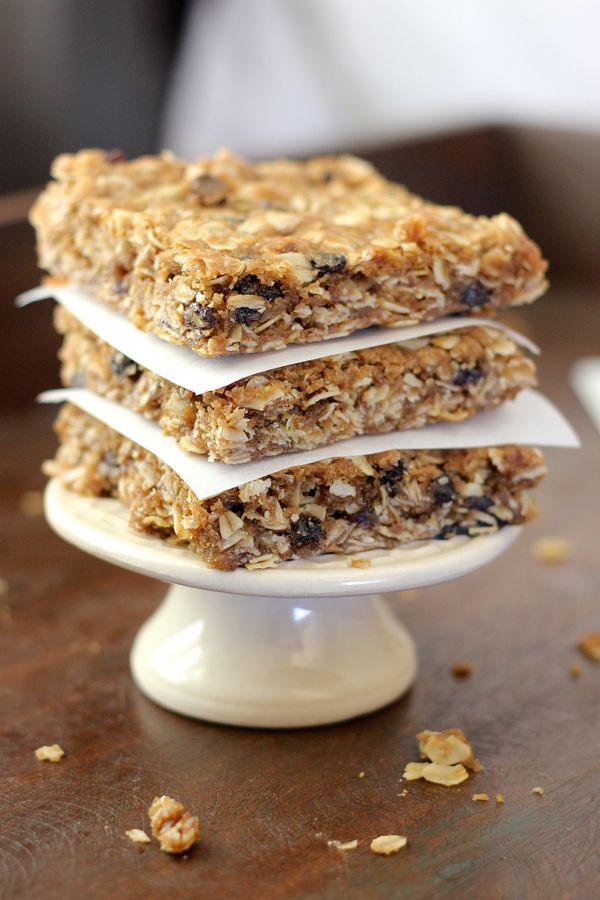 Brown Butter Oatmeal Currant Cookie Bars in a stack of three.