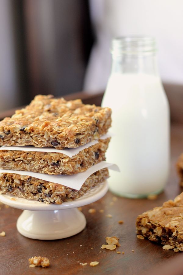 Brown Butter Oatmeal Currant Cookie Bars in a stack of three.