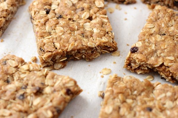 Brown Butter Oatmeal Currant Cookie Bars cut in squares.