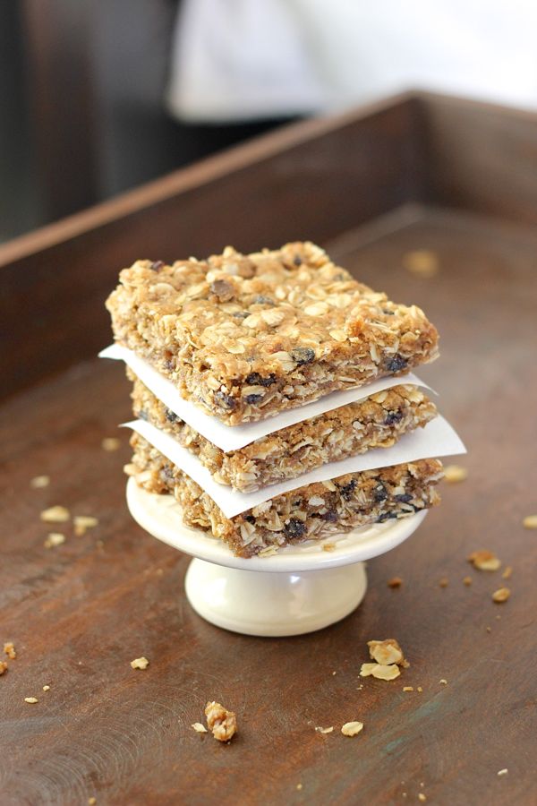 Brown Butter Oatmeal Currant Cookie Bars in a stack of three.