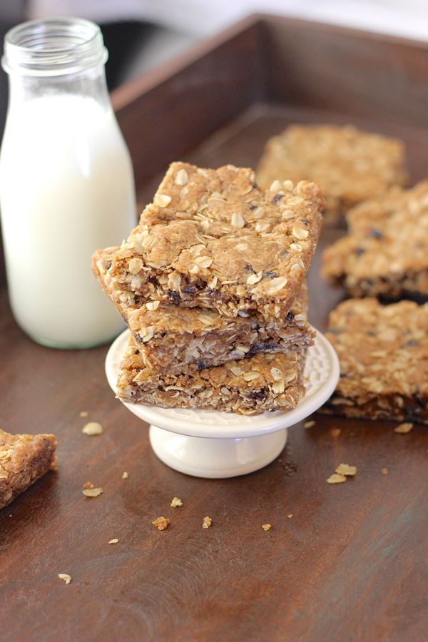 Brown Butter Oatmeal Currant Cookie Bars in a stack of three.