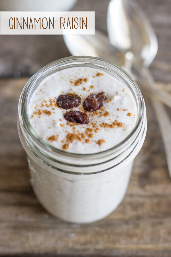 Overnight Steel Cut Oatmeal with cinnamon and raisins in a glass jar.  