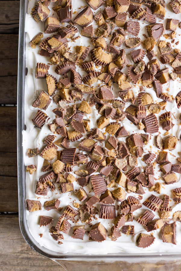 Peanut Butter Cup Ice Cream Dessert in a glass baking dish.