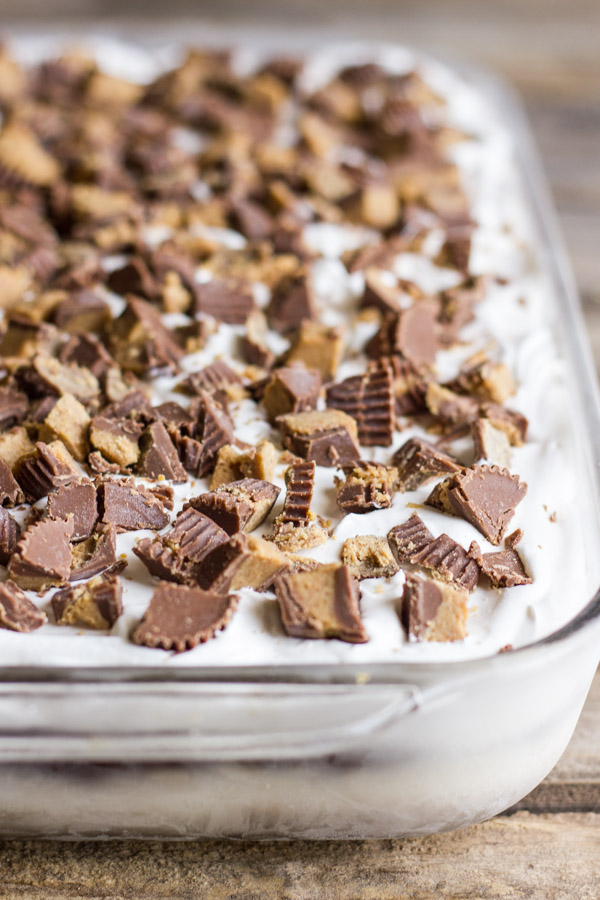 Peanut Butter Cup Ice Cream Dessert in a glass baking dish.