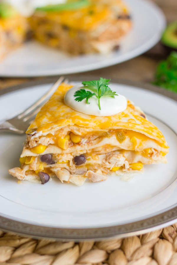 Layers of chicken, black beans, corn, cheese, and tortillas - quick and easy!