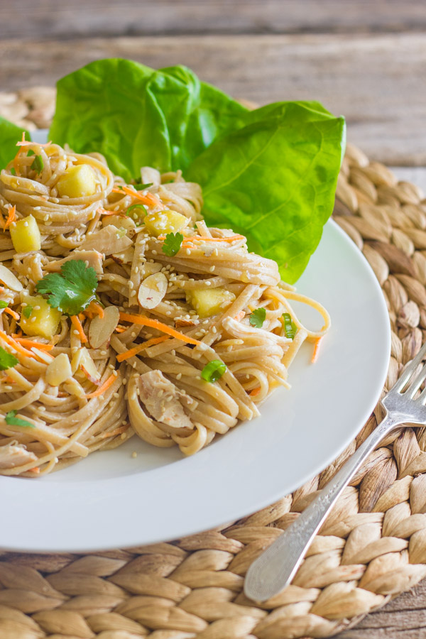 Asian Chicken And Sesame Noodle Salad on a plate with butter lettuce leaves, with a fork next to the plate.  