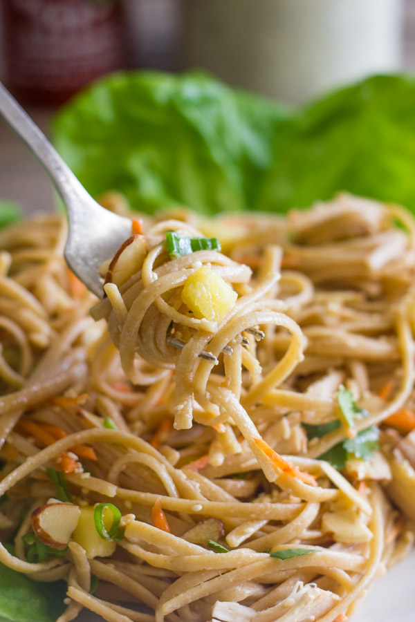 Asian Chicken And Sesame Noodle Salad on a plate with butter lettuce leaves, with a fork that has been twisted in the noodles.  