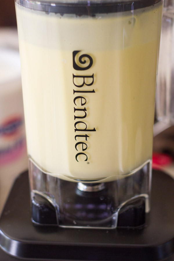 Eggs, Greek yogurt, flour, baking powder, salt, and green chiles blended together in a Blendtec blender.