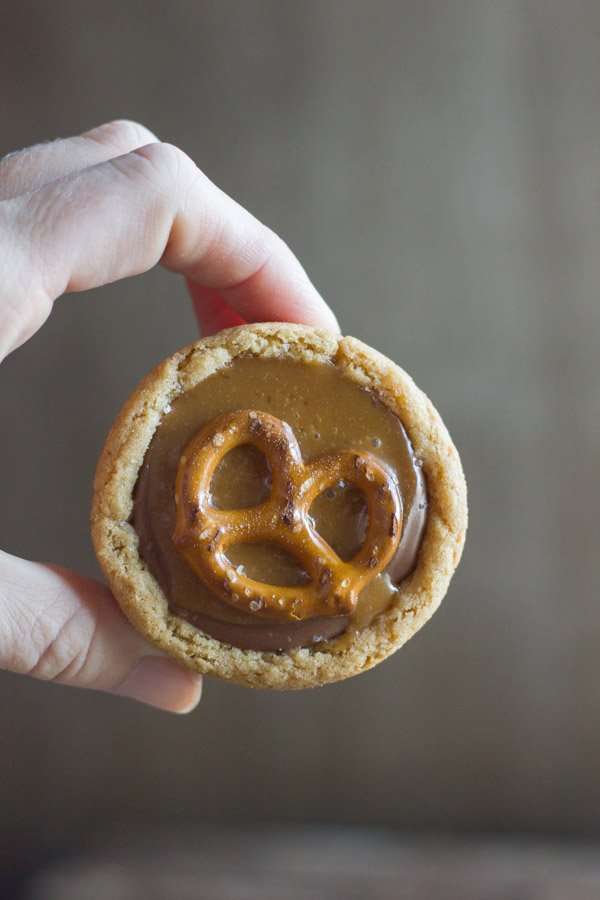 A Peanut Butter Caramel Pretzel Cookie Cup.