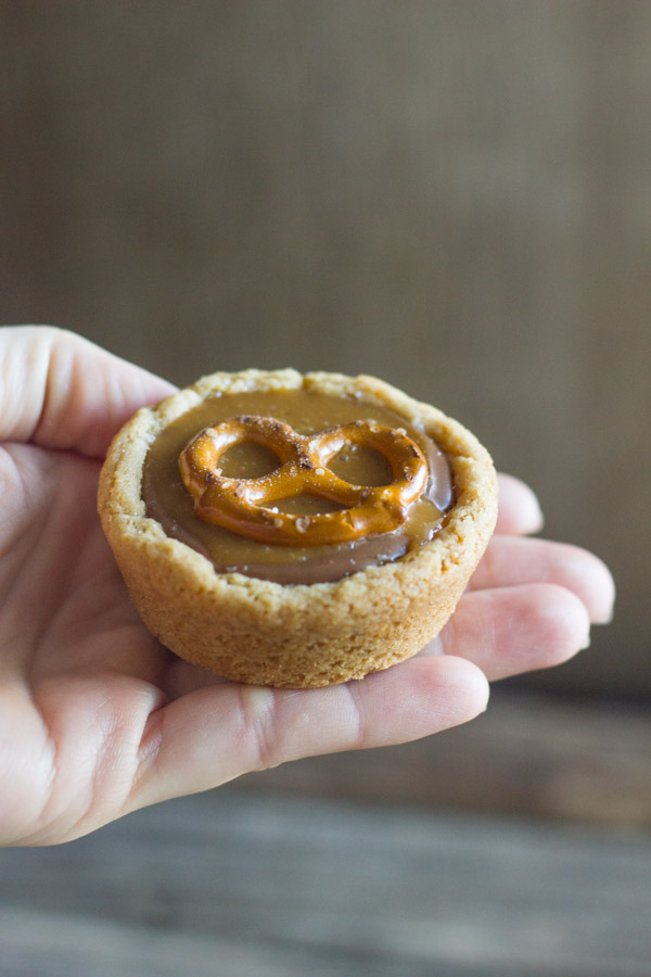 A Peanut Butter Caramel Pretzel Cookie Cup.