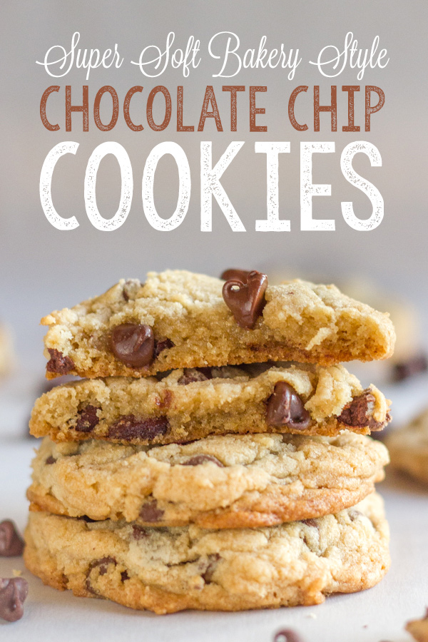 Two Super Soft Bakery Style Chocolate Chip Cookie halves stacked on top of two whole cookies.