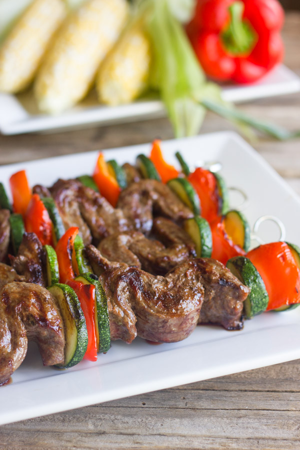 Grilled Flank Steak Kebabs on a serving platter. 