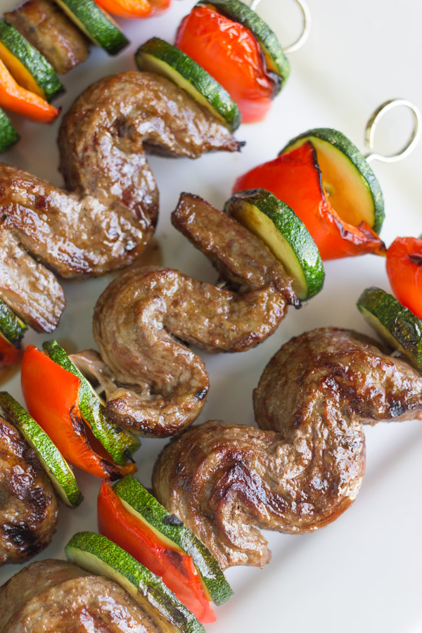 Grilled Flank Steak Kebabs on a serving platter. 
