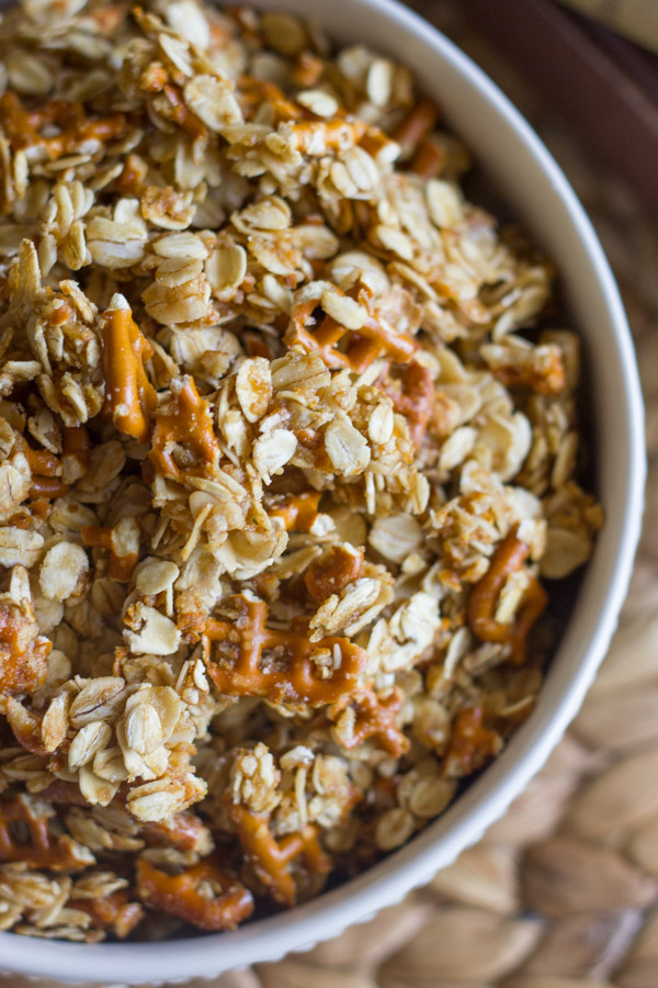 Pretzel Granola Made With Coconut Oil in a bowl.