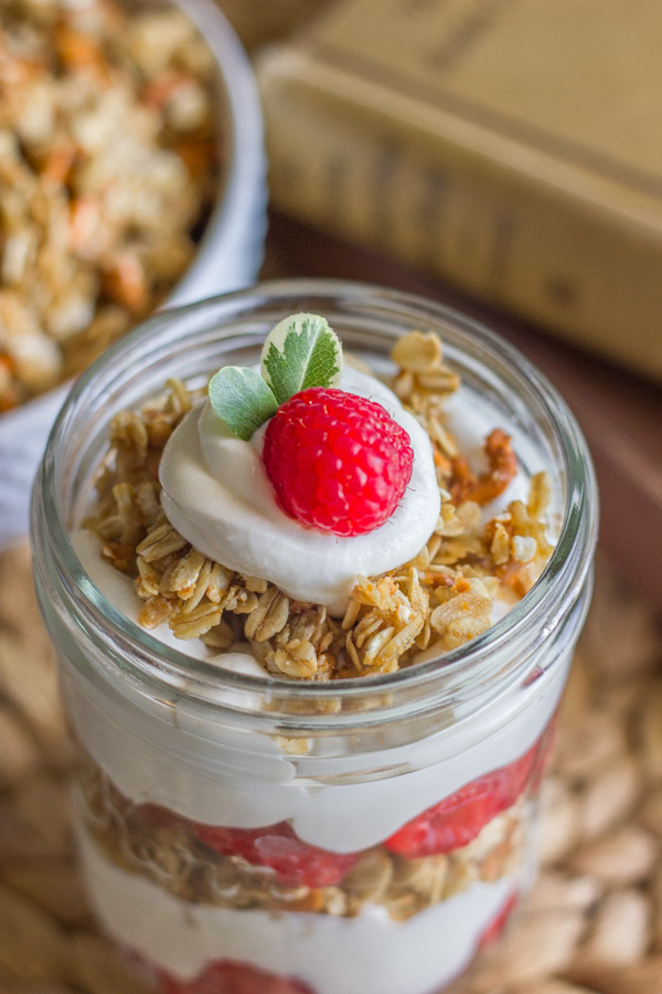 Raspberry Pretzel Granola Parfait in a glass jar.