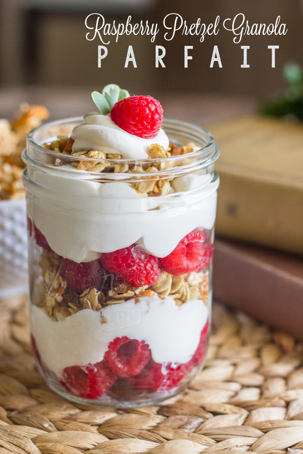 Raspberry Pretzel Granola Parfait in a glass jar.