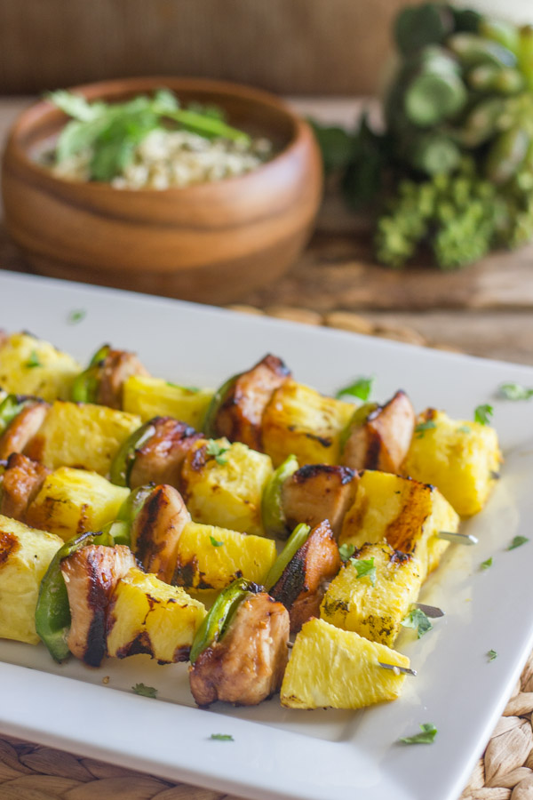 Grilled Teriyaki Chicken and Pineapple Kebabs on a serving platter.  
