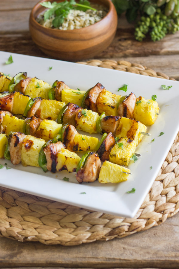 Grilled Teriyaki Chicken and Pineapple Kebabs on a serving platter.  