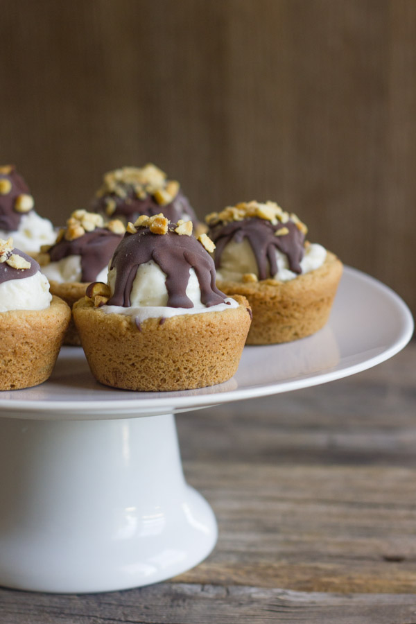 Ice Cream Sundae Cookie Cups arranged on a cake stand.  