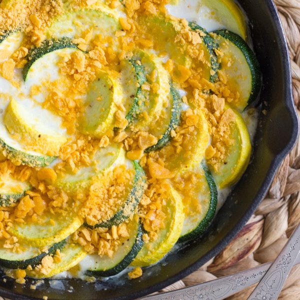 Zucchini and Yellow Squash Skillet Gratin - tender crisp zucchini and yellow squash with a creamy white sauce.