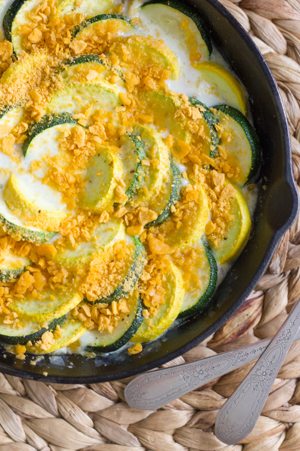 Zucchini and Yellow Squash Skillet Gratin - tender crisp zucchini and yellow squash with a creamy white sauce.