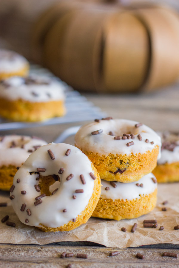 Mini Baked Pumpkin Chocolate Chip Donuts - perfectly bite-sized and will have you ready for Fall in no time!