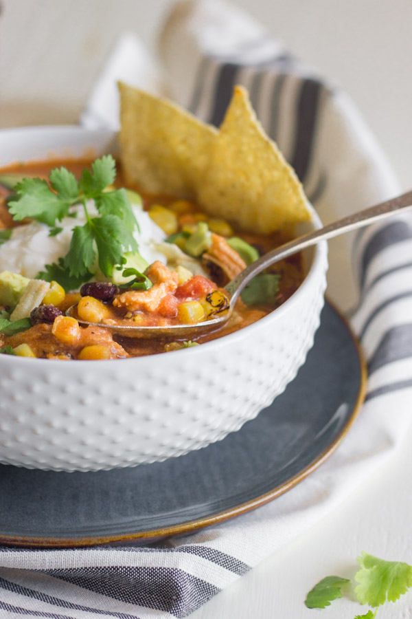 Crockpot Chicken Tortilla Soup - easy, healthy, and a little spicy too. You'll love how fast it comes together!