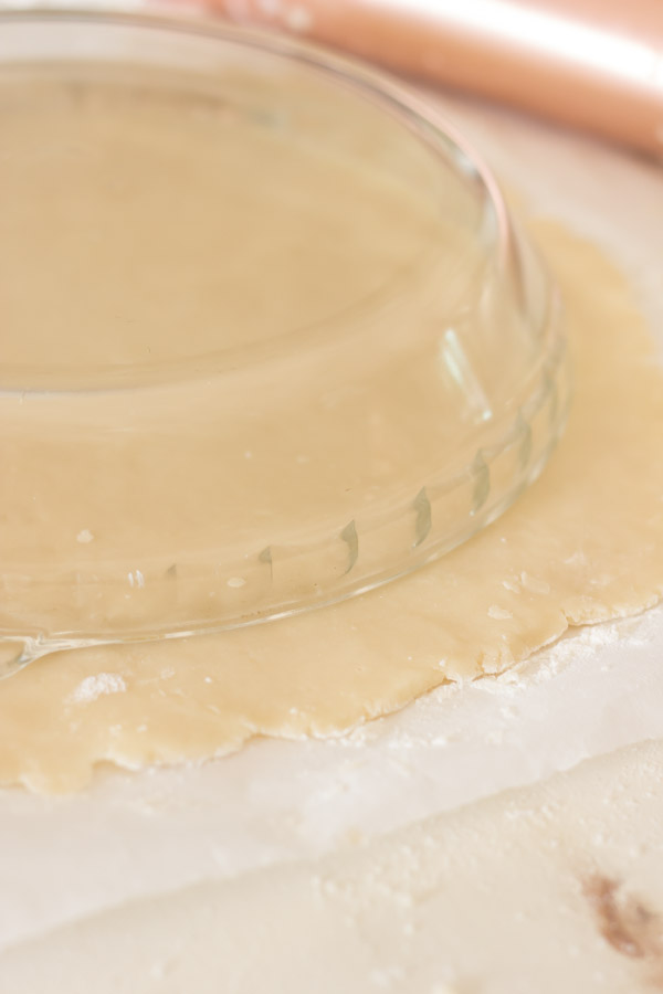 Pie Crust Tutorial Step 5 - pie pan placed upside down on the pie dough.