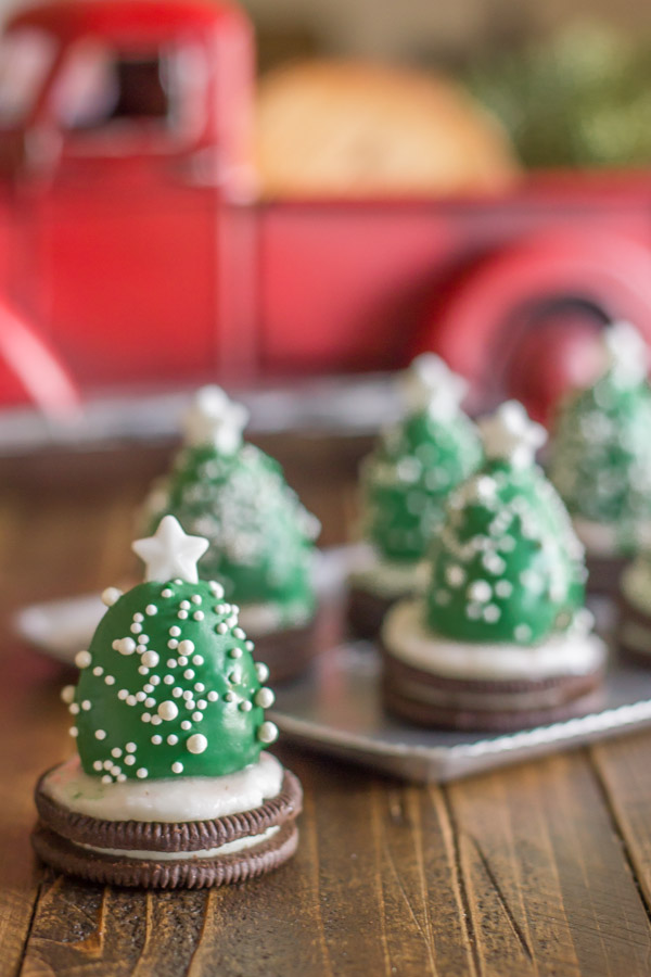 Chocolate Covered Strawberry Christmas Tree in front of a serving tray of more trees. 
