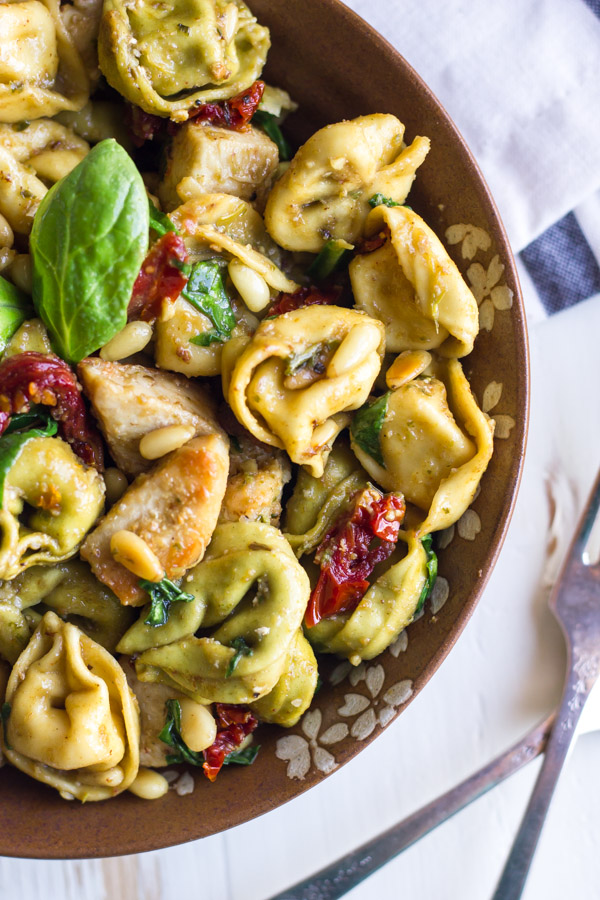 One Skillet Chicken Tortellini in a bowl.  