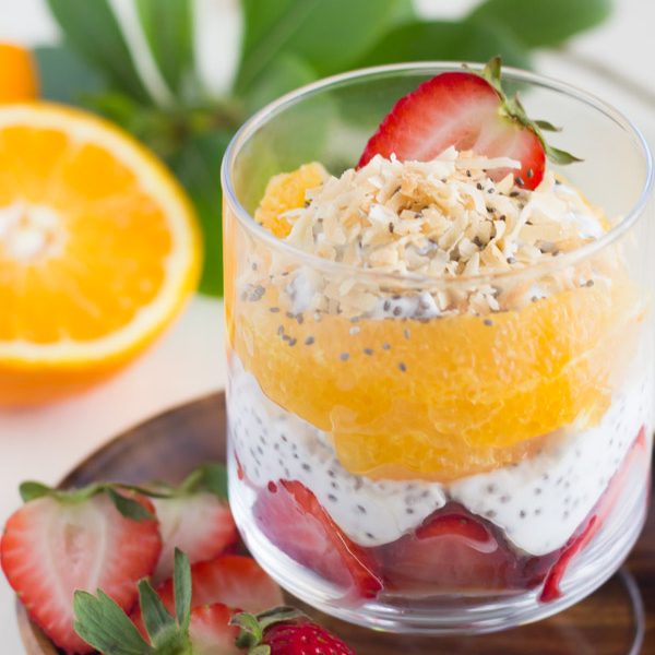 Toasted Coconut Chia Yogurt Fruit Parfait - layers of coconut yogurt, strawberries, oranges, and toasted coconut!