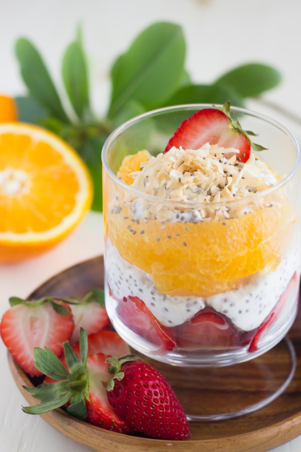 Toasted Coconut Chia Yogurt Fruit Parfait - layers of coconut yogurt, strawberries, oranges, and toasted coconut!