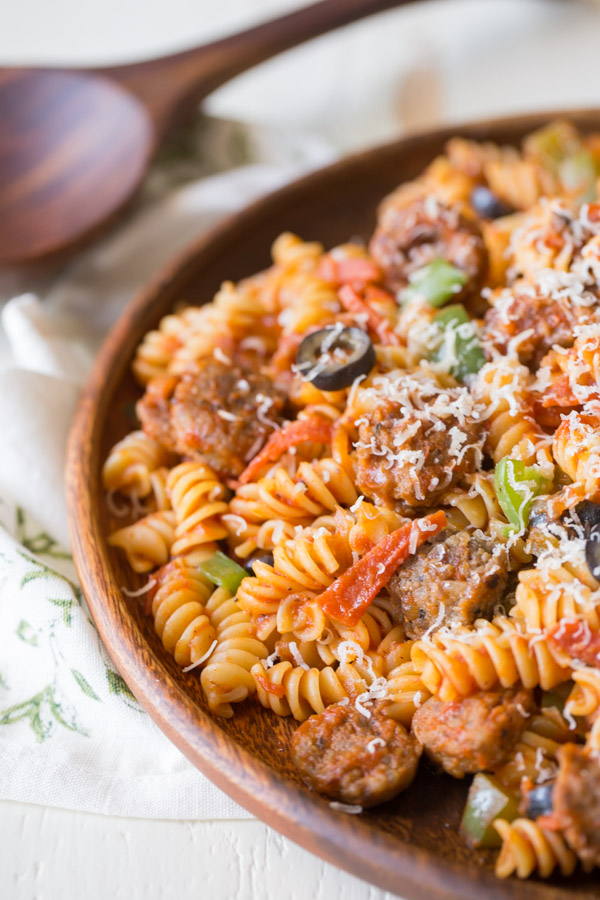 Supreme Pizza Pasta - Everything we love about supreme pizza but with rotini pasta. Quick and easy!
