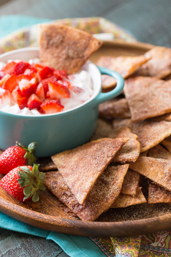 Baked Cinnamon Crisps With Creamy Strawberry Dip - Reminiscent of those crispy, cinnamon sugary chips I used to get from Taco Bell as a kid, but baked instead of fried!