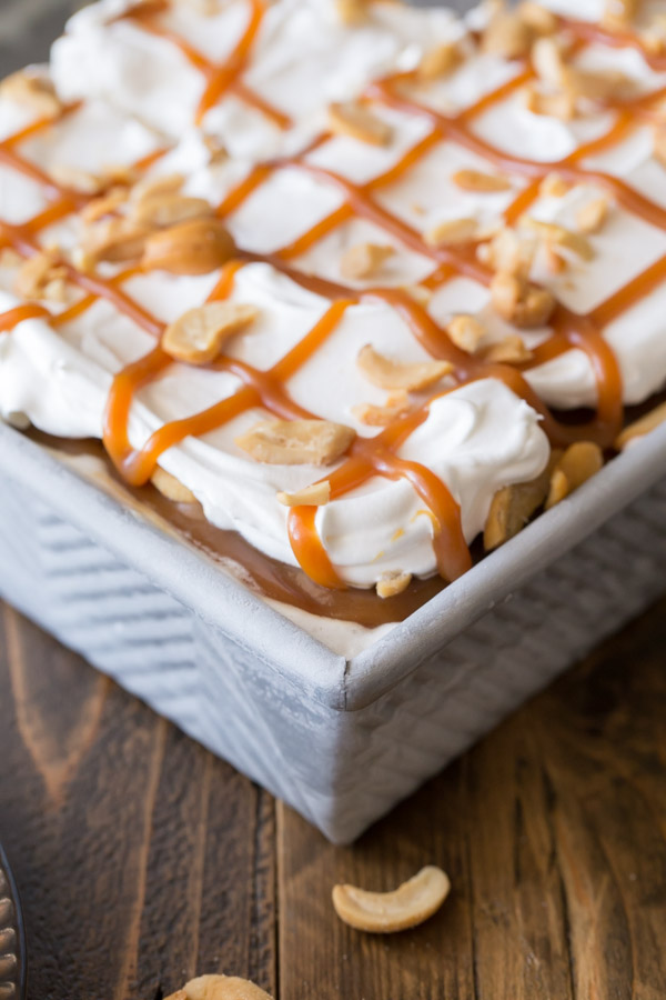 Caramel Cashew Ice Cream Dessert in a baking dish.