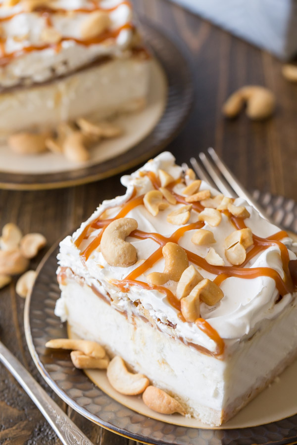 Caramel Cashew Ice Cream Dessert square serving on a plate with a fork.