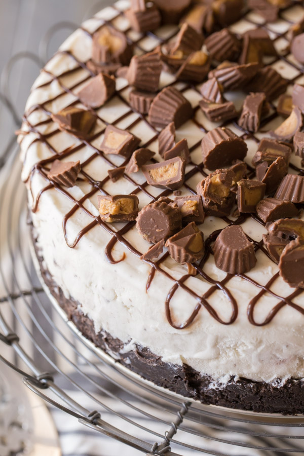 Peanut Butter Cup Ice Cream Cake on a cake stand.  