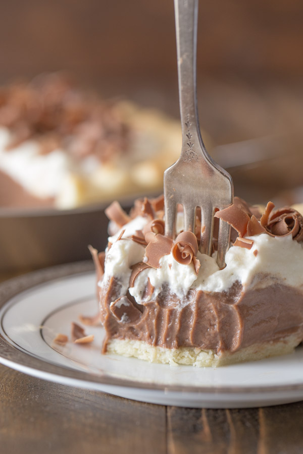 Homemade Chocolate Pudding Pie slice on a plate with a fork sticking in it and some bites missing.  