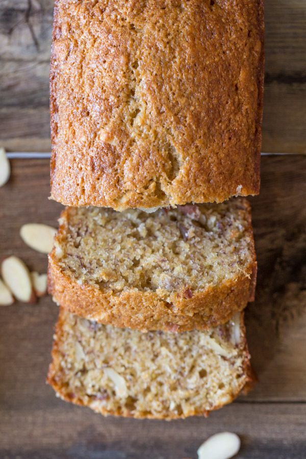 Healthier Banana Bread mini loaf that has been sliced.