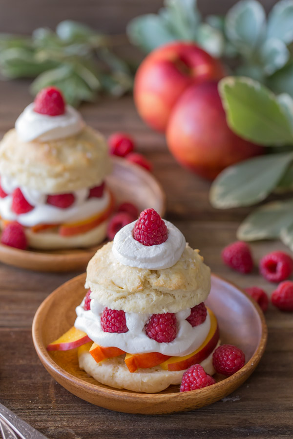 Raspberry Peach Shortcakes - My favorite sweet, buttery, flakey biscuits filled with juicy, ripe peaches, fresh raspberries, and homemade whipped cream.