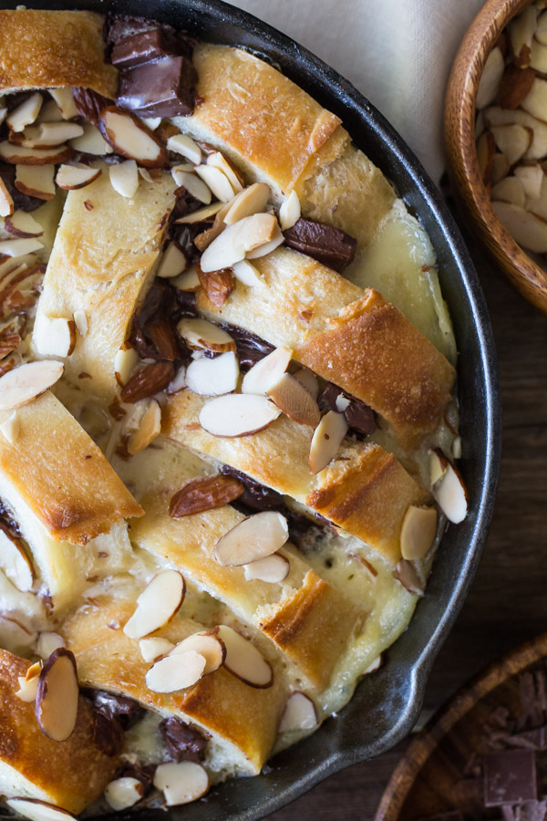 Chocolate Almond Bread Pudding in a cast iron skillet.  