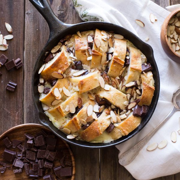 Chocolate Almond Bread Pudding - It's decadent, warm and cozy with gooey chocolate and almond flavoring. So good!